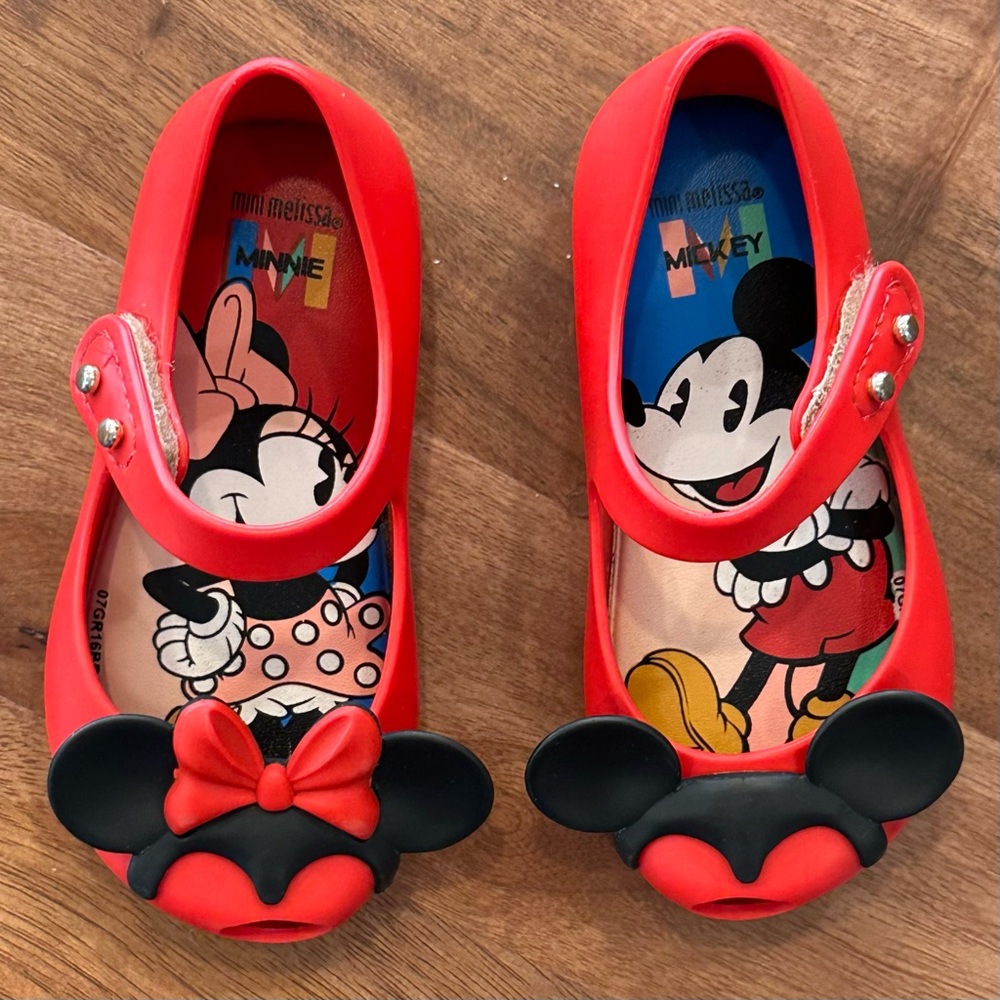 Mini Melissa Disney Twins Girls Mary Janes Red Black Minnie Mickey Ears Size 6